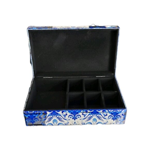 New Large Blue Mirror BOHO W/ Floral Luxe Gift Jewelry Storage Box - Picture 2 of 5